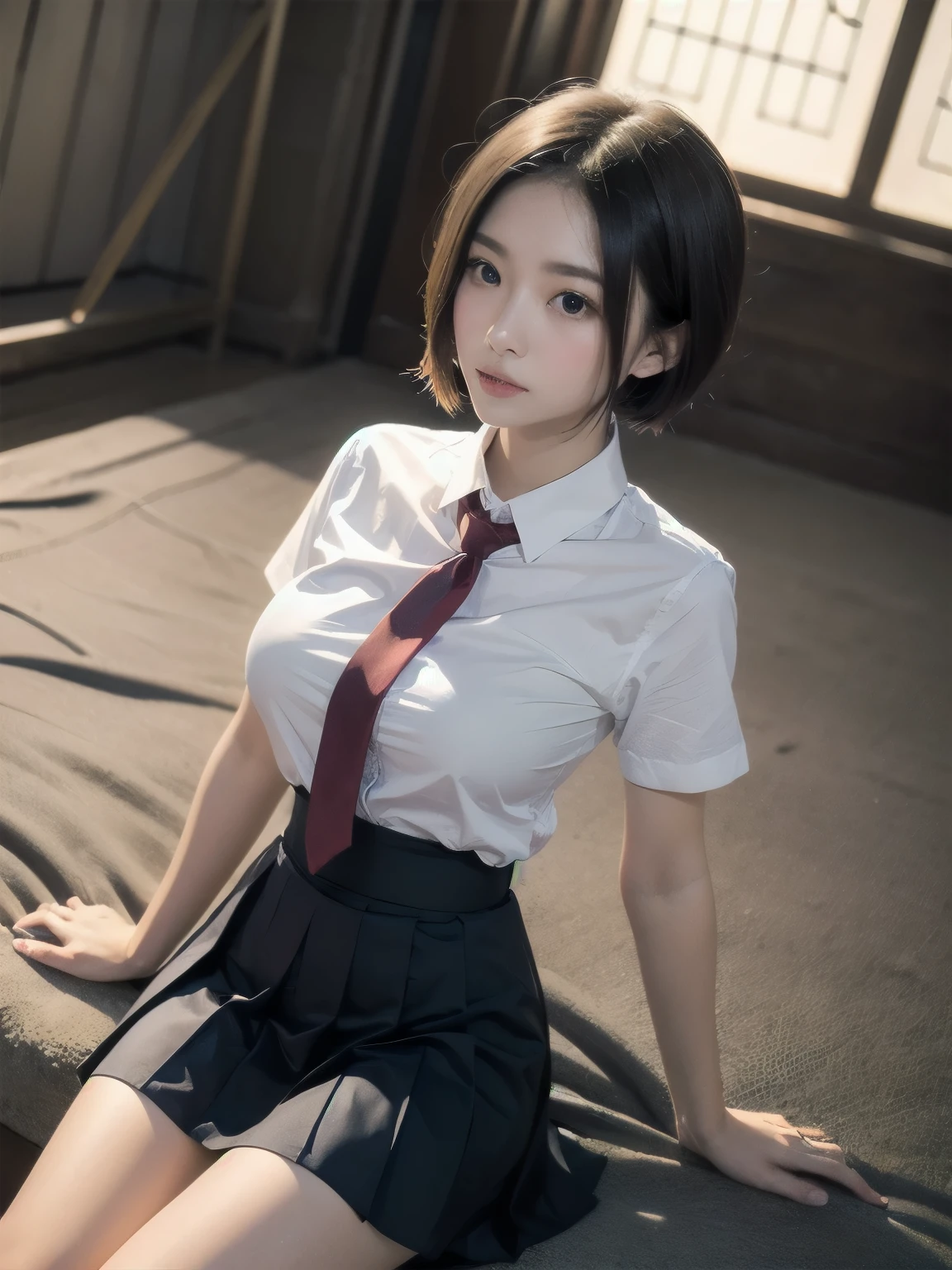 (8K、top-quality、masterpiece:1.2)、(reallistic、Photorealsitic:1.2)、 (((pantyshot)))、(((Spread your legs apart)))、独奏、lockerroom、Schools、natta、Wet、watching at viewers、(Sit up:1.5)、date、mirai、 (nose blush)、A smile、large full breasts、Fine and beautiful eyes、)、(Dark blonde hair:1)、(short-hair:1.1)、pantyshot, Spread your legs apart, skirt by the, student clothes, white panties, sockes, A dark-haired, The shirt, bblurry, blurry backround, knee high, white shirt, lowfers, life-like, length hair, s lips, Brown-eyed, Black socks, neck tie, pleatedskirt, the bow, head rest, looking to side, plein air, Brown Footwear, masterpiece, top-quality, ultra-detailliert、(((pantyshot)))、(((Spread your legs apart)))、locker room,on the bench