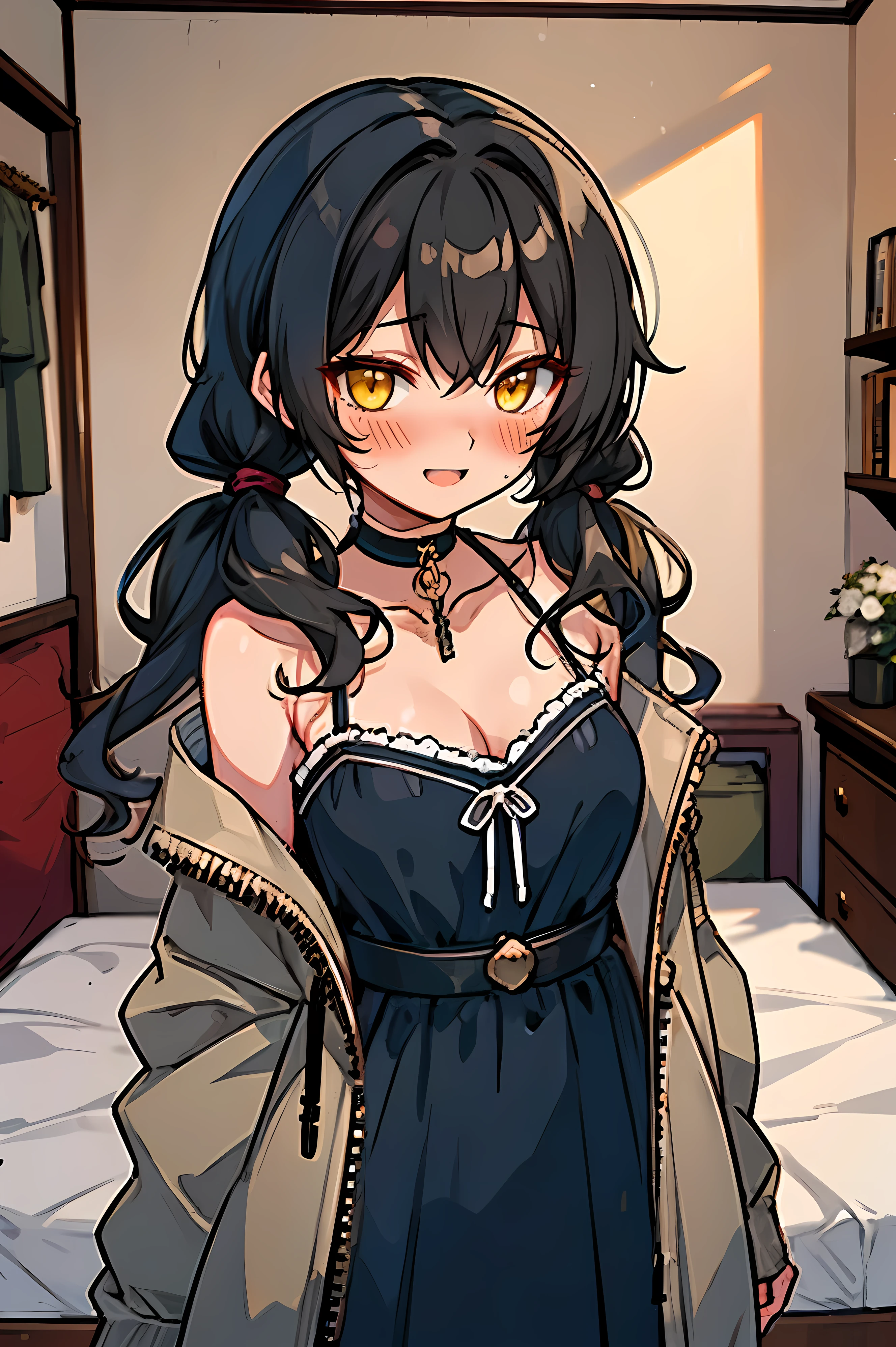 (masterpiece:1.2), (high quality:1.2), (hui xiyi:0.7), rekkyo sensen, rekkyou sensen, girls with((1girl, solo, black hair, yellow eyes, (wavy medium hair, low twintail:1.55), blush, breasts, choker, cleavage, coat, cowboy shot, blue rose dress, navy dress, ribbon waist belt, collar, collarbone, rosary, rosary choker, cross, fur, khaki hoodie, green hoodie, hood down, hooded coat, hooded jacket, hoodie, jacket, large breasts, long hair, long sleeves, medium breasts, open clothes, open coat,open hoodie, sleeveless, winter clothes, zipper, cleavage, upper body, hand up, waving, palm)), background with((bedroom, room:2.0))