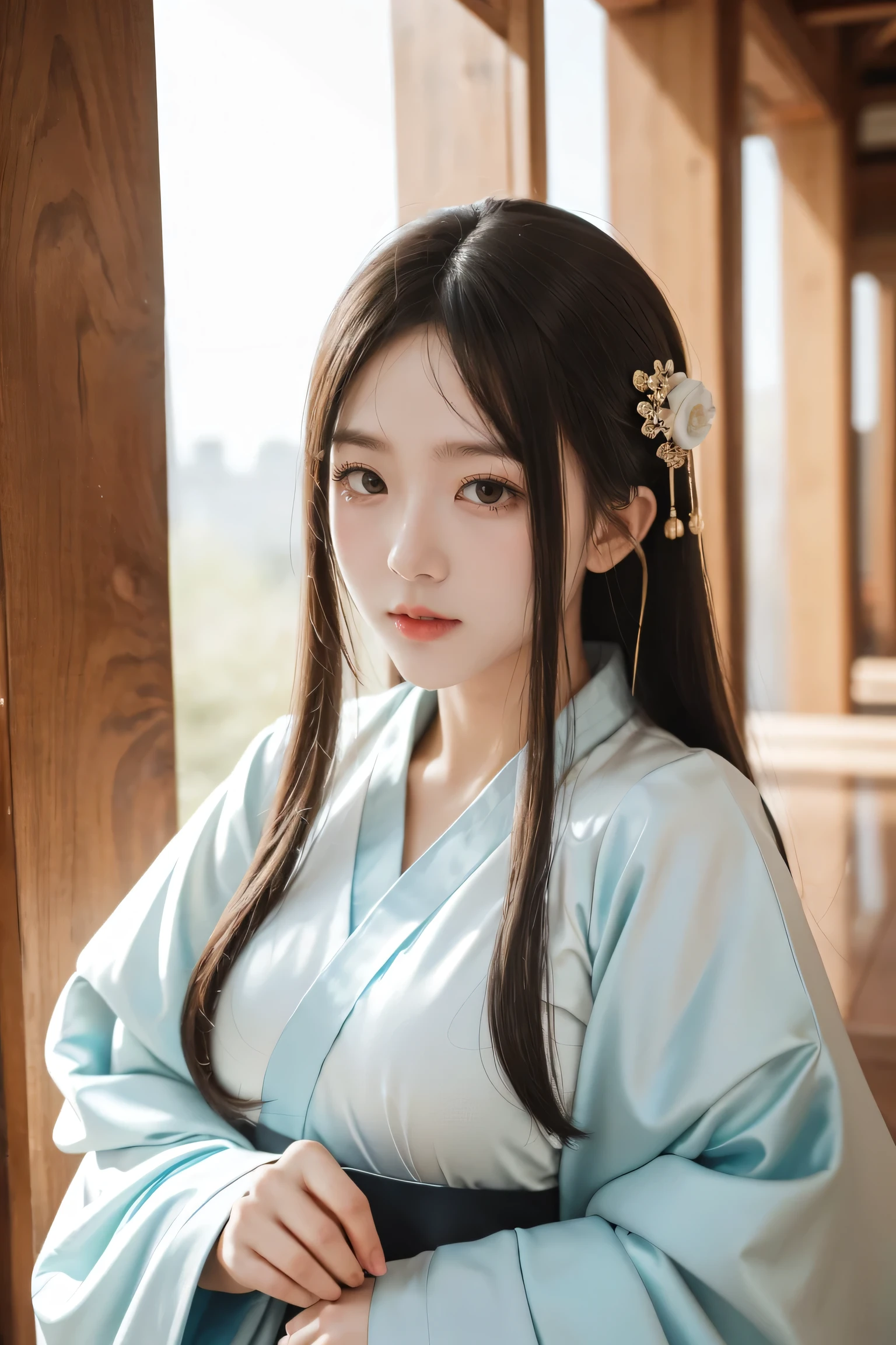 highest quality ,masterpiece:1.2),(Intricate details:1.4),(photo:1.4),Vivid details, superdetail,( Ultra HD, HD CG Uniform 8K Wallpaper ),Detail face, beautiful eye for detail,16k Wallpaper,compensate,(Detail background:1.2), Clothes Soak All Over , Realistic Eyes and Facial Details, plump lips,Lip Tick ,(compensate),1 girl, Wearing Clear Ancient Hanfu ,Show body lines,Smile