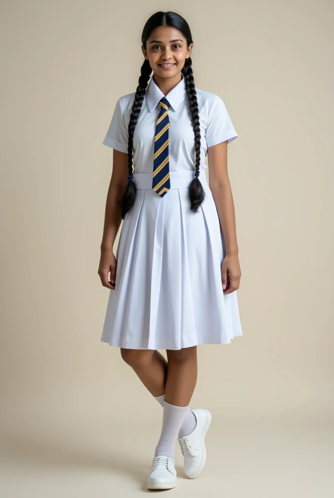 a beautiful cute young teen girl, sri lanka , big breasts size , wearing white frock uniform, color tie , white shoes and socks , full body , cinematic lighting, hyperrealistic, photorealistic, 8k, masterpiece, high quality, intricate details