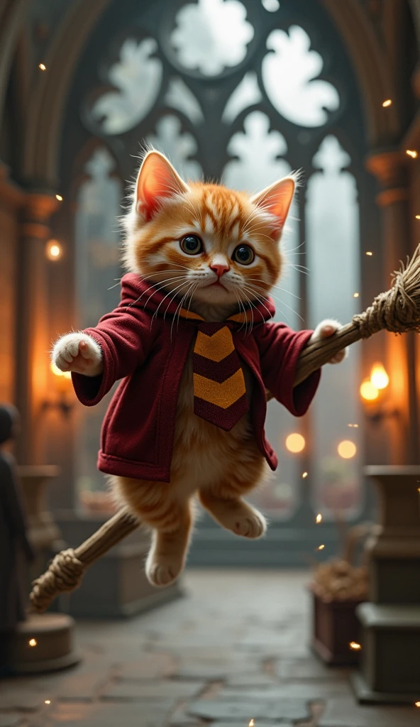 The cutest cat wearing Gryffindor uniform flies the broom at Hogwarts