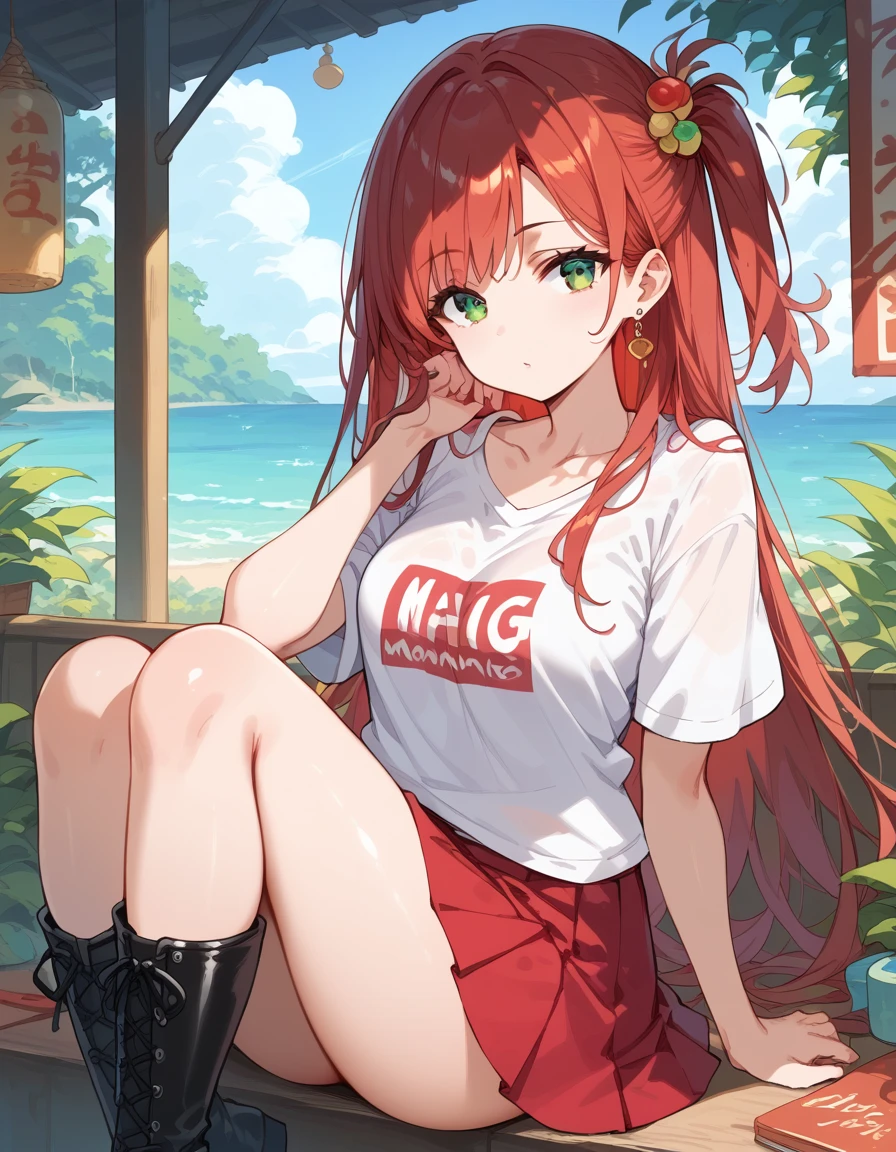 score_9, score_8_up, score_7_up, source_Cartoon, Morning Fragrance  ,   red hair, (green eyes, one side up),,hair accessories,   Glossy Skin , long hair, Short T-shirt Skirt Black Boots Hooped Earrings Chest