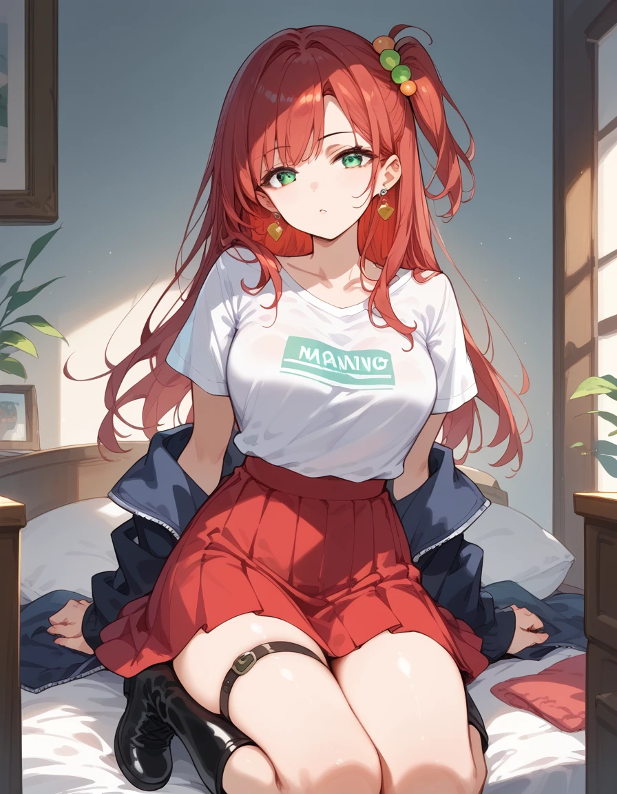 score_9, score_8_up, score_7_up, source_Cartoon, Morning Fragrance  ,   red hair, (green eyes, one side up),,hair accessories,   Glossy Skin , long hair, Short T-shirt Skirt Black Boots Hooped Earrings Chest