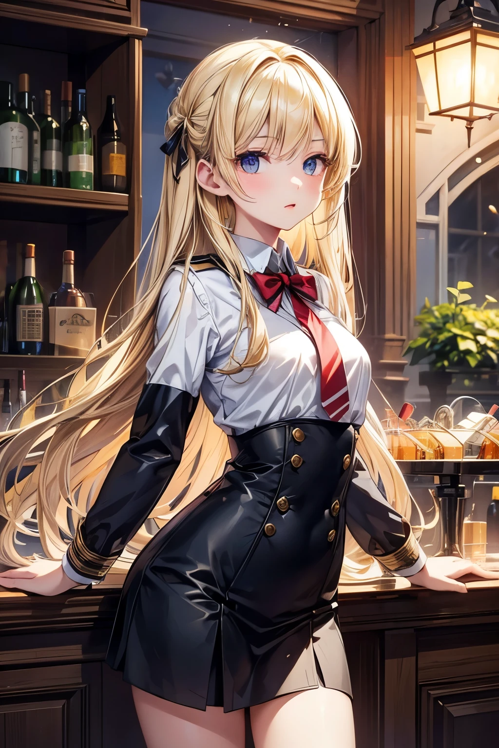 ((masterpiece、Highest quality、Very detailed))、One girl、Blonde、Long Hair、Grey Eyes、evil smile、((Grin))、((lots of piercing))、Large Breasts、((serafuku))、Short sleeve、hem、((((black leotard))))、Cowboy Shot、counter、shelf、Wine Bottle、BAR Background