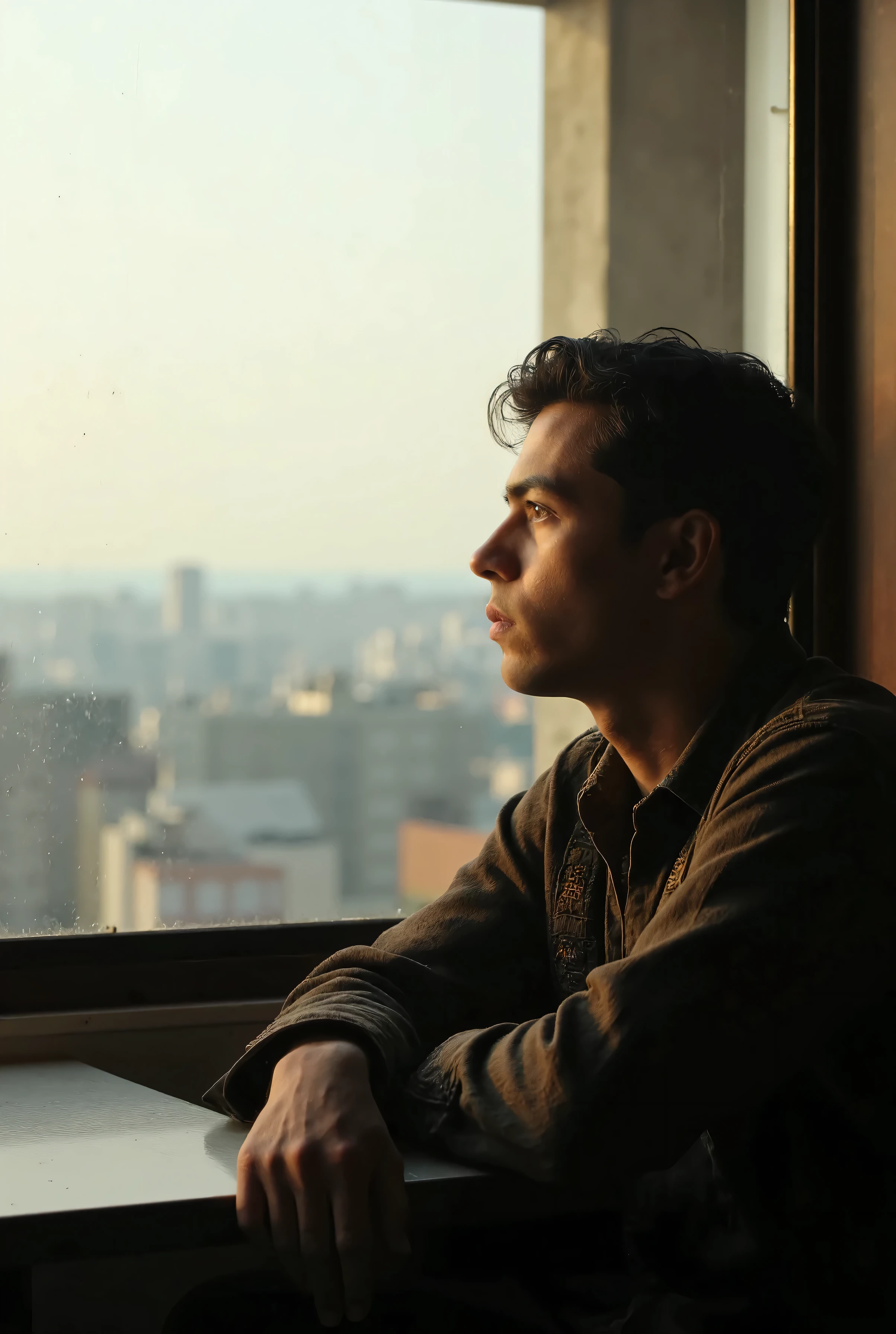 A solitary man sitting in a minimalist contemporary cafe, staring pensively out the window at a distant urban cityscape. Soft, diffused natural lighting illuminates the scene, emphasizing the feeling of loneliness and introspection. His expression is distant and contemplative, reflecting a sense of disconnection..(best quality,4k,8k,highres,masterpiece:1.2),ultra-detailed,(realistic,photorealistic,photo-realistic:1.37),HDR,UHD,studio lighting,extremely detailed portrait,extremely detailed face and eyes,beautiful detailed eyes,beautiful detailed lips,longeyelashes,serious expression,old-fashioned clothing,natural lighting,cinematic,warm tones