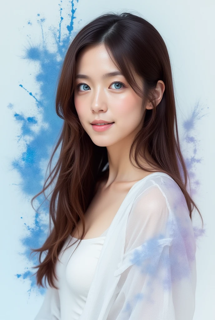 Digital artwork featuring a woman with fair skin, long brown hair, and striking blue eyes. She is wearing a sheer white blouse over a white top. The background is a soft, light gradient, and there are dynamic, abstract blue and iridescent splashes surrounding her, giving the image a vibrant and ethereal feel. The composition is centered, with the subject's face and upper body prominently displayed