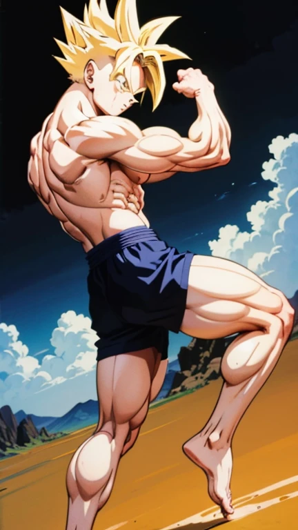 (A detailed drawing of gohan, Bodybuilding-Fitnessstudio.),Anime picture, With bare upper body, the strongest of all, huge muscular body, Big Bizeps, large shoulders, muscle legs,abs, barefoot, Martial arts, Kick with foot, Full body image, Rear view, side chest, crunch, beserk, barefoot, sole of the foot , dominant pose,Toes, in anime style