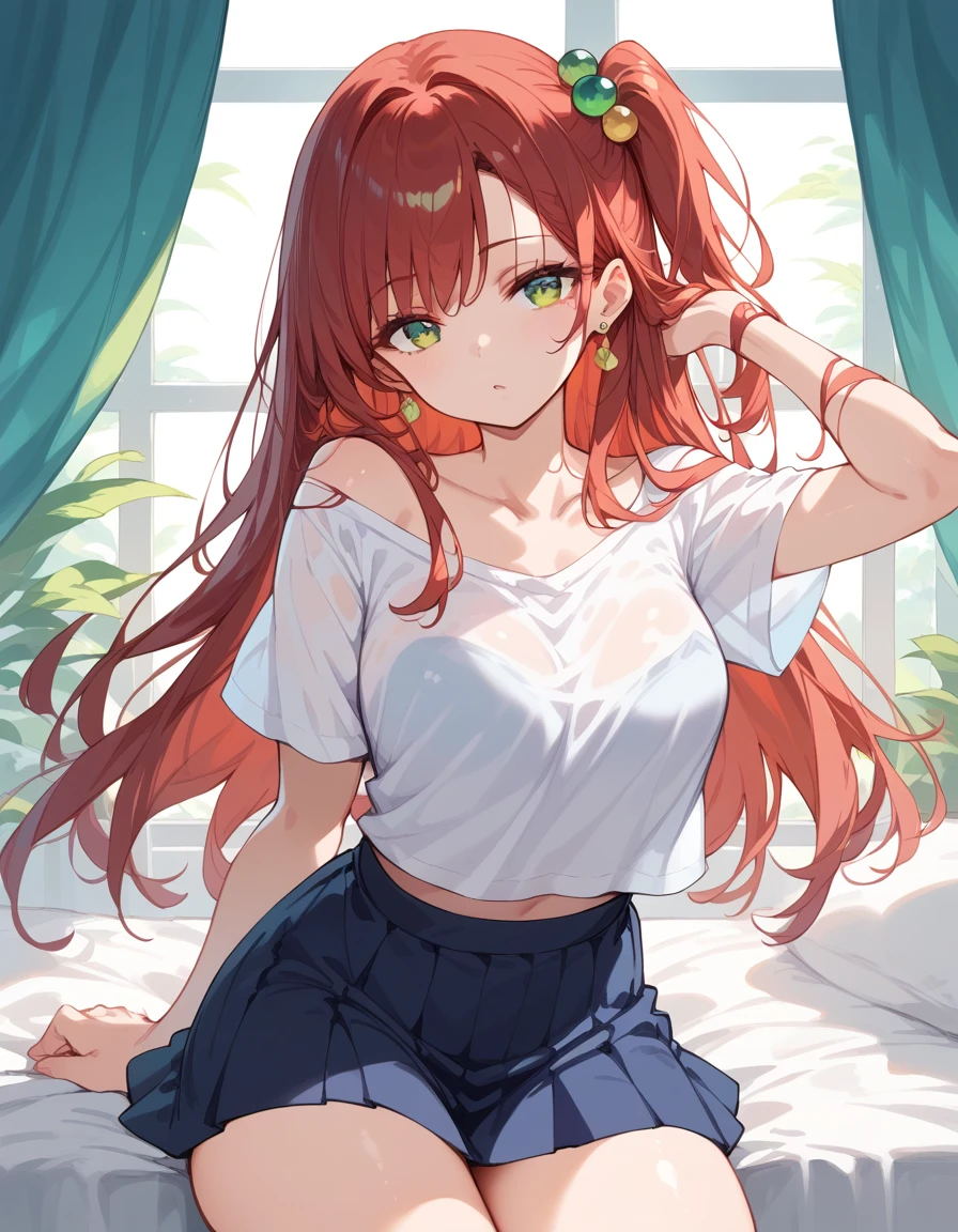 score_9, score_8_up, score_7_up, source_Cartoon, Morning Fragrance  ,   red hair, (green eyes, one side up),,hair accessories,   Glossy Skin , long hair, Short Deep V Shirt . Short Skirt Earrings Chest