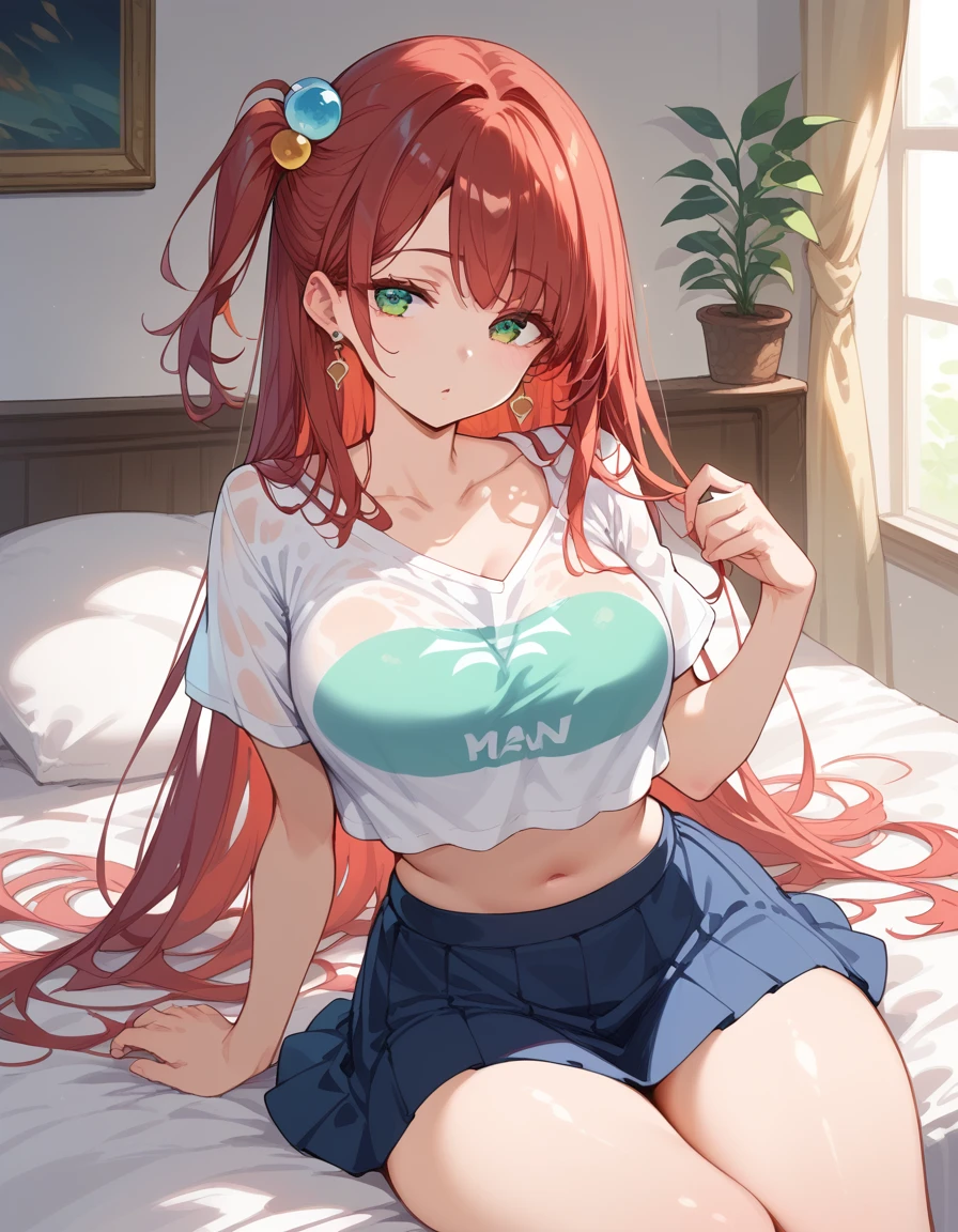 score_9, score_8_up, score_7_up, source_Cartoon, Morning Fragrance  ,   red hair, (green eyes, one side up),,hair accessories,   Glossy Skin , long hair, Short Deep V Shirt . Short Skirt Earrings Chest