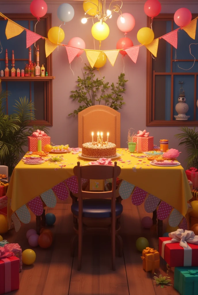 A festive birthday  is in full swing, with colorful decorations, balloons, and a table laden with cake and presents. However, one chair at the table remains empty. The focus is on the empty chair, symbolizing the absence of connection and the feeling of being excluded, even amidst celebration. The bright and cheerful surroundings amplify the sense of loneliness.