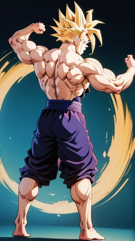 (A detailed drawing of gohan, Bodybuilding-Fitnessstudio.),Anime picture, With bare upper body, the strongest of all, huge muscular body, Big Bizeps, large shoulders, muscle legs,abs, barefoot, Martial arts, Kick with foot, Full body image, Rear view, side chest, crunch, beserk, barefoot, sole of the foot , dominant pose,Toes, in anime style