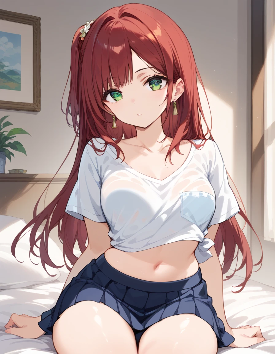 score_9, score_8_up, score_7_up, source_Cartoon, Morning Fragrance  ,   red hair, (green eyes, one side up),,hair accessories,   Glossy Skin , long hair, Short Deep V Shirt .Short Skirt Earrings Chest Body Forward Low Chest