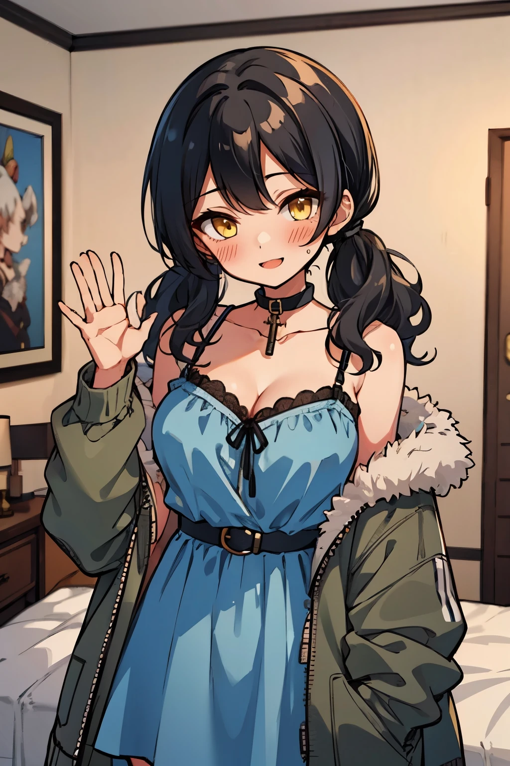 (masterpiece:1.2), (high quality:1.2), (hui xiyi:0.7), rekkyo sensen, rekkyou sensen, girls with((1girl, solo, black hair, yellow eyes, (wavy medium hair, low twintail:1.55), blush, breasts, choker, cleavage, coat, cowboy shot, blue frilled dress, camisole, ribbon waist belt, collar, collarbone, rosary, rosary choker, cross, fur, khaki hoodie, green hoodie, hood down, hooded coat, hooded jacket, hoodie, jacket, large breasts, long hair, long sleeves, medium breasts, open clothes, open coat,open hoodie, sleeveless, winter clothes, zipper, cleavage, upper body, hand up, waving, palm)), background with((bedroom, room:2.0))