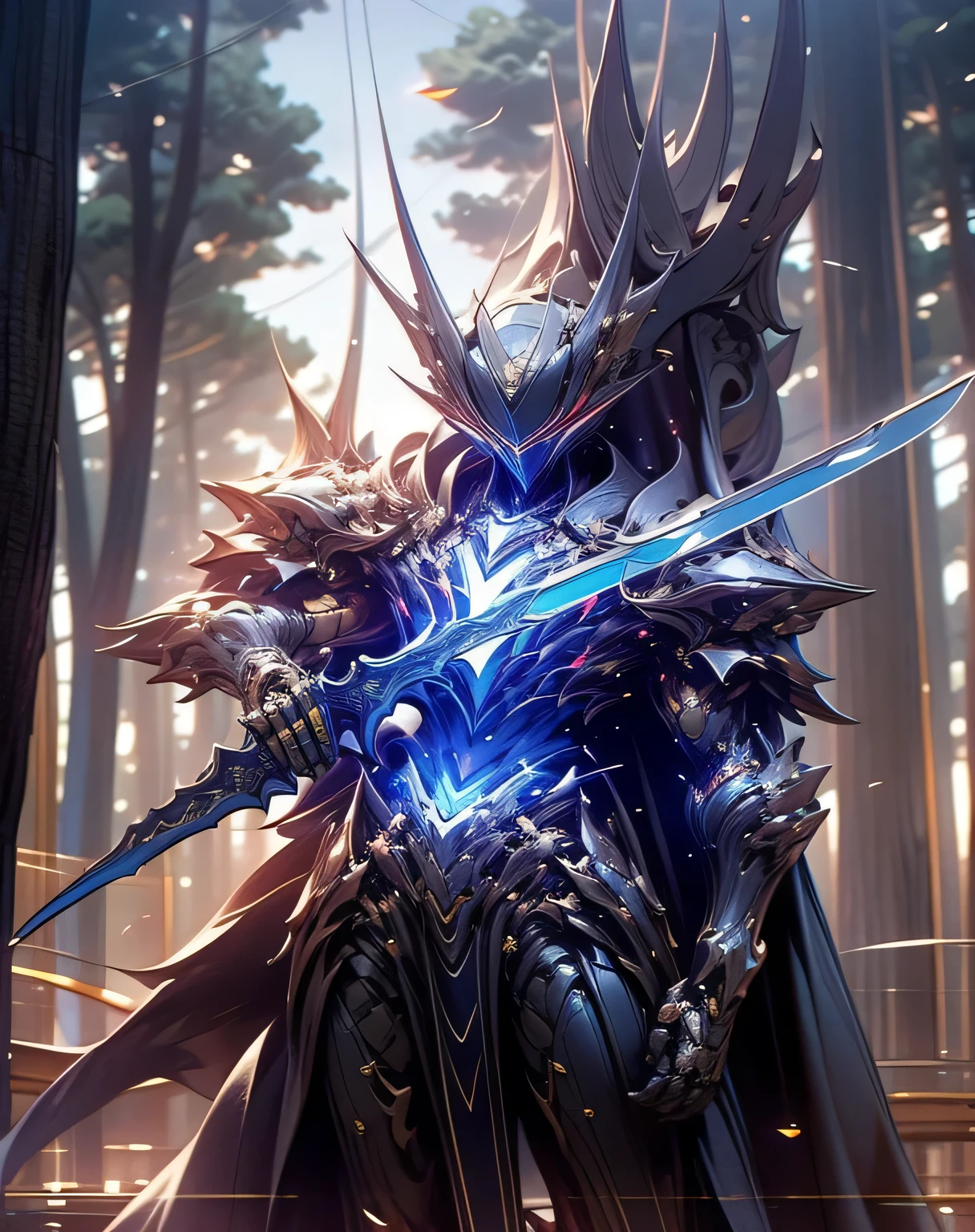A man wearing shining black exo armor is acting violently in the woods, rendered in Unreal Engine 5 , Black Octane Rendering, Super detailed with octane rendering , rendered with 8K Unreal Engine , rendered with Unreal Engine 6 , streamlined armor , high detail iconic characters , 8k octane rendering photorealistic , Unreal Engine 5 rendering , rendered with Unreal Engine 5 , Doing dynamic movements using the whole body , Alone, Wearing a red cape fluttering in the wind , Manipulating a sword with telekinesis, Towering Tree 々, sunset