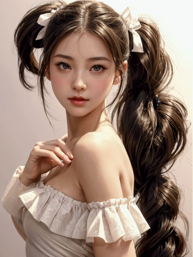 highest quality, realistic, 8K, High resolution, 1 girl, woman, (skin dents), (portrait:0.6), nice, ((white background, naked, small breasts:1.65)), (Long brown hair in twin tails, parted bangs:1.4), looking at the viewer, (1 girl eyes looking at the viewer:1.6), realistic, (Bokeh), (closed mouth, smile:1.3), nice, Pueros face_V1:1,
