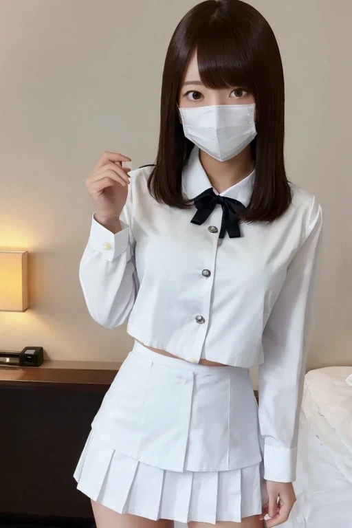 (masterpiece:1.2), Japanese, (((18 years old))), (a girl), (opened mouth wide), (skirt), ((small ribbon)), (((legs spread wide))), ((mouth mask)), on a bed, (((panty))), ((collared shirt)), (plump), bellybutton, 