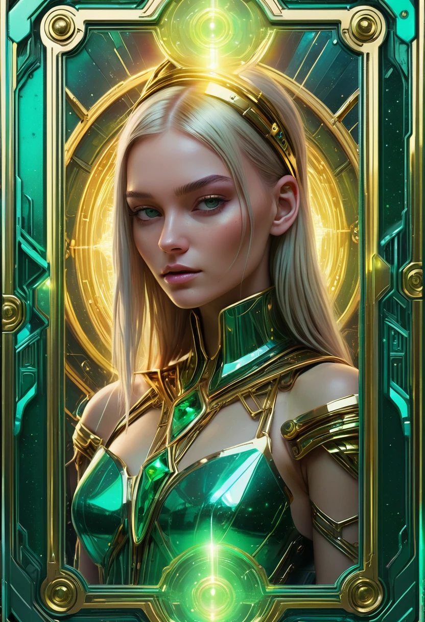 a close up of a colorful cyberpunk style tarot card frame. sharp edges and corners, no text, laced with cybernetic, metallic paint stroke, holographic, holographic metal, Iridescence mix colors of gold with emerald green reflections. (masterpiece, realistic, 3d, 8k), on a white background. no characters. empty center of frame. no bolts.