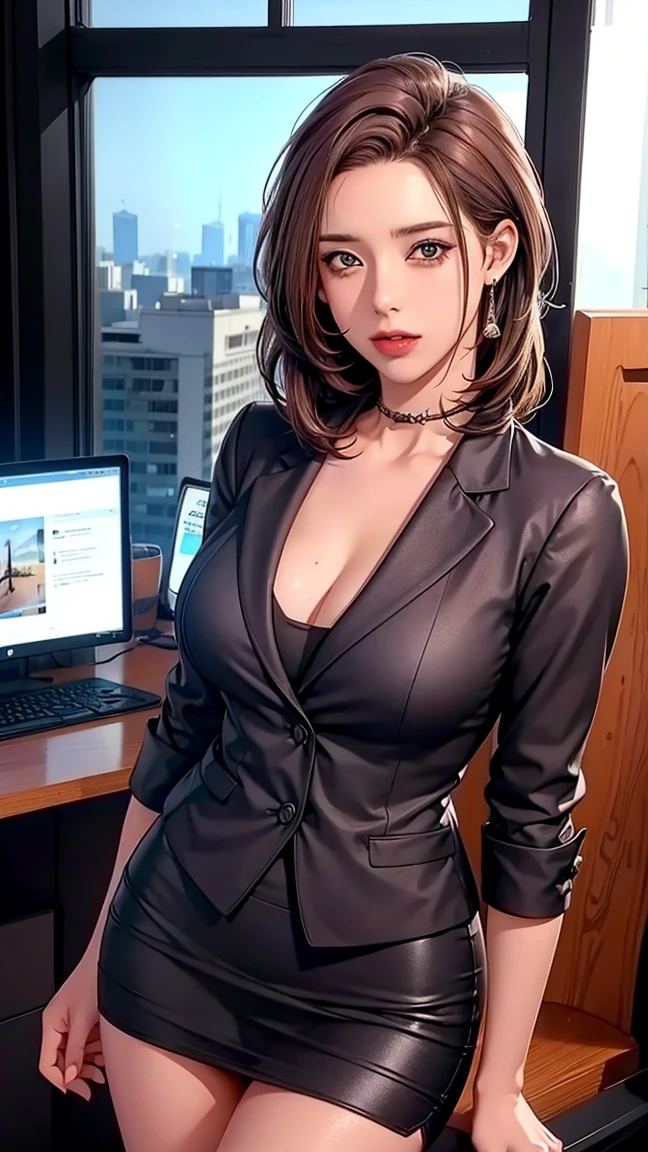 （wizard），1 female，Wearing an office suit ， Black Tight Skirt ，In the office，，（light brown hair），（ one eye covered by hair），8k， high detail ， high quality