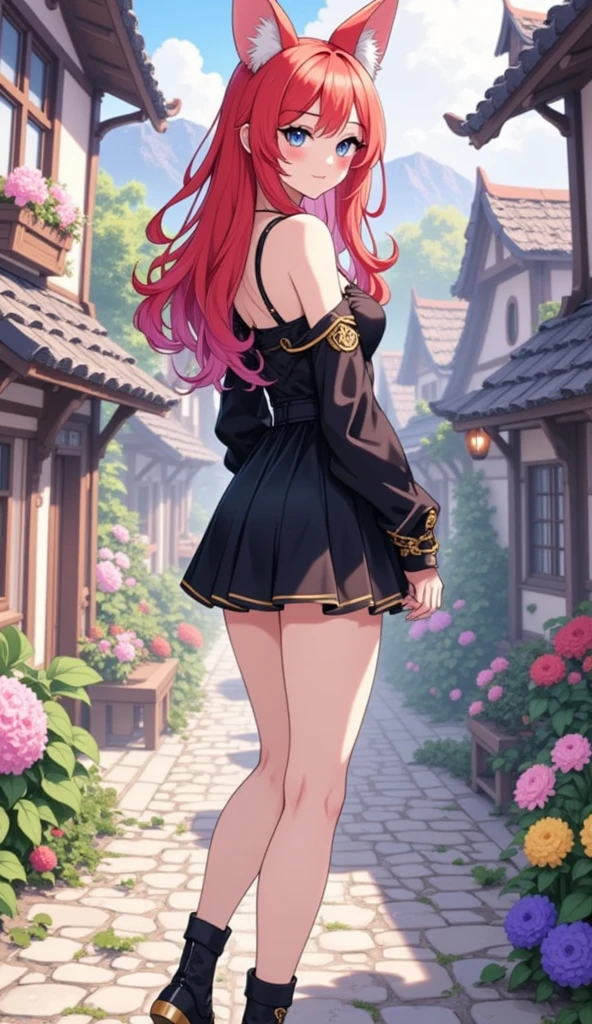  Ein wAnderschönes,  21-year-old fox girl with  (dark red hair ), (sapphire-blue eyes ) And (Fuchsohren).  She is standing in a village setting , posiert mit einer selbstbewussten And leicht seitlichen Haltung,  showing her back ,  while looking over her shoulder .  She is wearing an elegant black outfit with gold accents , bestehend aus einem schulterfreien Oberteil And einem kurzen Rock,  matching black leather boots with gold decorations . Die Umgebung zeigt ein malerisches Dorf mit Fachwerkhäusern And blühenden Gärten. ( extra realistic :1.5), ( 8k Ultra HD :1.5), (hdr:1.4),  cinema quality , intricate details, cinematic, ArtStation, (detailed blue eyes:1.5), (dark red hair:1.3), Perfect anatomy,  detailed textures ,  harmonious colors , realistische Licht- And Schatteneffekt