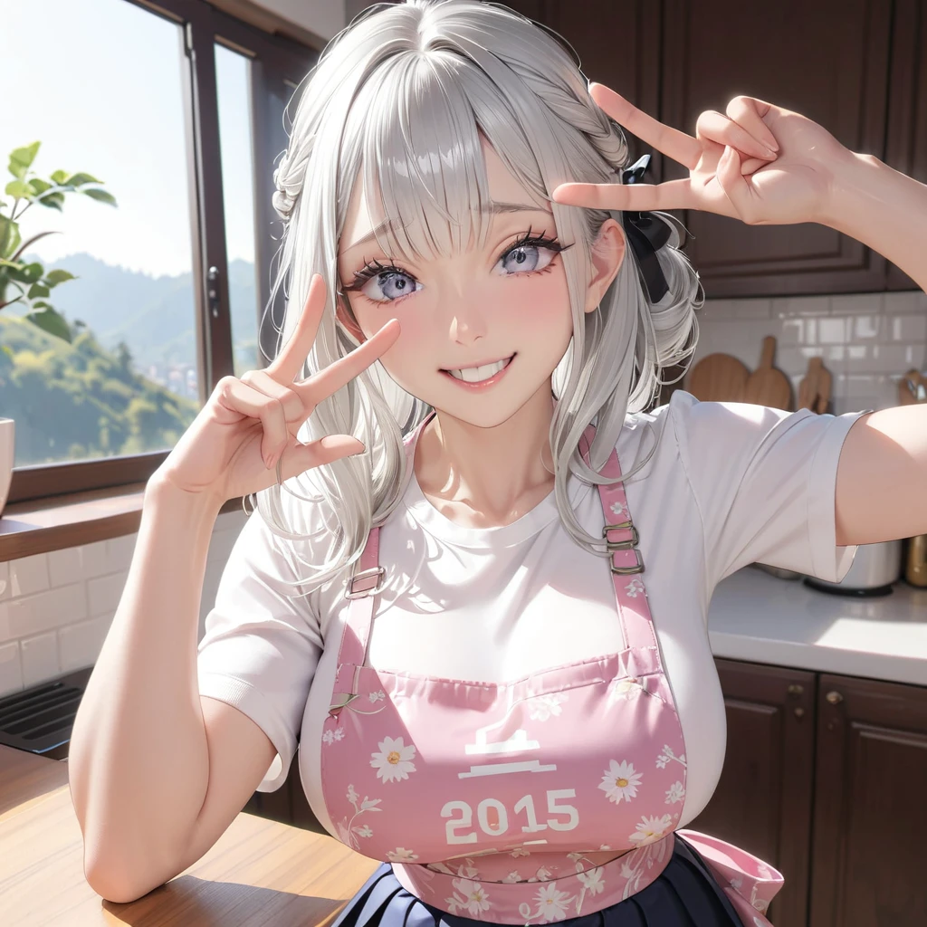 1 Japanese cute girl with silvery white hair in an intricate asymmetrical updo. The back of her hair is bunched high and short with the ends fanning out. The left side of her hair frames her face with long, loose strands, while the right side of her hair is loosely swept back over her ears and bunched together with the back hair, creating a slightly unbalanced but elegant look. A high, luxurious hair accessory on top adds a unique and fashionable touch to the hairstyle. Her hair catches the light and gives off a shiny, metallic shine.
BREAK (glossy silver eyes:1.5), (beautiful eyes, twinkle eyes, large eyes), (athlete body, large breasts), cute face, beautiful face, pretty face, beautiful, good anatomy, long eyelashes, expressive eyes, Perfect Hands, glossy lips, embarrassed, perfecteyes, white detail teeth,
BREAK 1girl, ((white shirts:1.5), pink botanical print apron over the shirts, black skirt), smile, happy, standing, peace sign,
BREAK 1girl, morning, daylight, sunshine, kitchen, scenery, 
BREAK (Exquisite, beautiful, Very detailed, masterpiece, super detail, best quality, highres), cute, beautiful, 16K, perfect lighting, ultra sharp outline, 