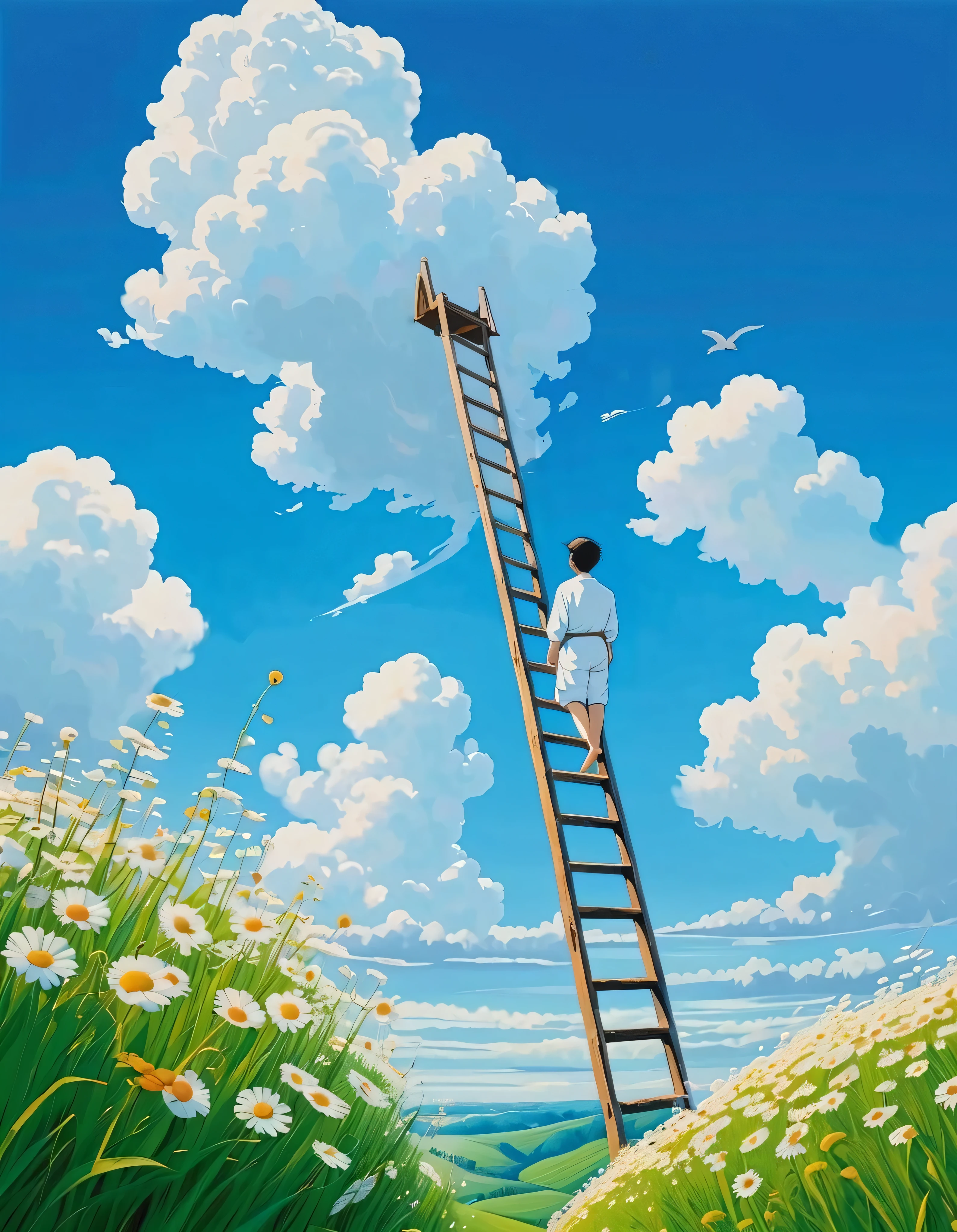 a painting of a man standing on a ladder looking at the sky, leading to the sky, makoto shinkai cyril rolando, stairway to heaven, by Yi Inmun, beautiful painting of a tall, rhads!!!, by Kim Hwan-gi, by Yang J, rhads!, inspired by Cyril Rolando, looking to the sky, ladder, by Ye Xin