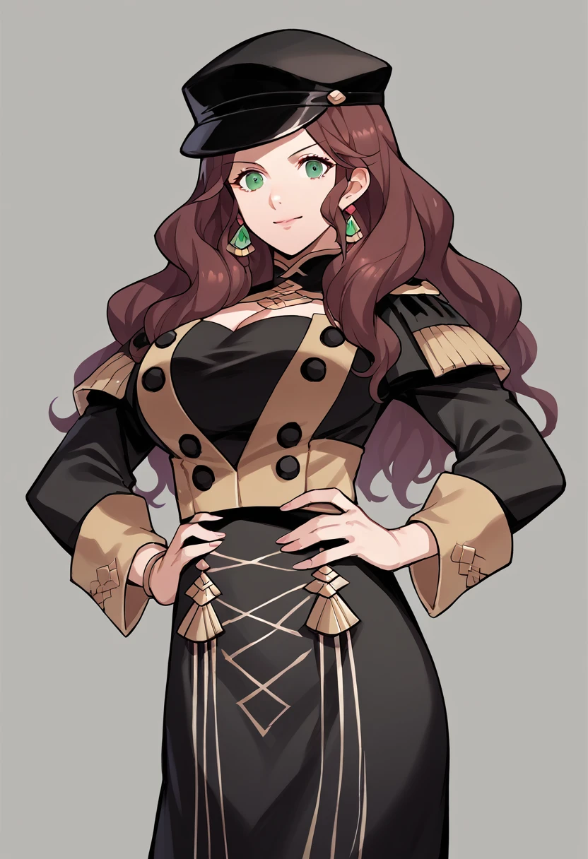 score_9, score_8_up, score_7_up, source_anime, Dorothea (Fire Emblem), black headwear, black skirt, (black long-sleeve uniform), brown hair, dangle earrings, gold trim, green eyes, jewelry, large breasts, long hair, black peaked cap, black hat, looking at the viewer, smile, closed mouth, hands on hips