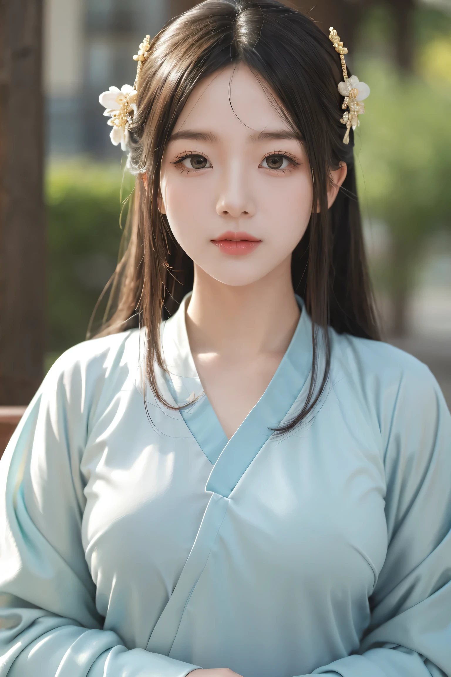 highest quality ,masterpiece:1.2),(Intricate details:1.4),(photo:1.4),Vivid details, superdetail,( Ultra HD, HD CG Uniform 8K Wallpaper ),Detail face, beautiful eye for detail,16k Wallpaper,compensate,(Detail background:1.2), Clothes Soak All Over , Realistic Eyes and Facial Details, plump lips,Lip Tick ,(compensate),1 girl, Wearing Clear Ancient Hanfu ,Show body lines,Smile