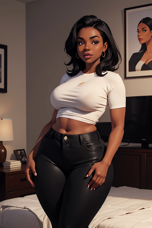 Tamara Taylor sits on her bed and wears a black see-through tank top and a white panty, she has small round breasts and black hair, (open legs), (camel toe), (perspective from below)
