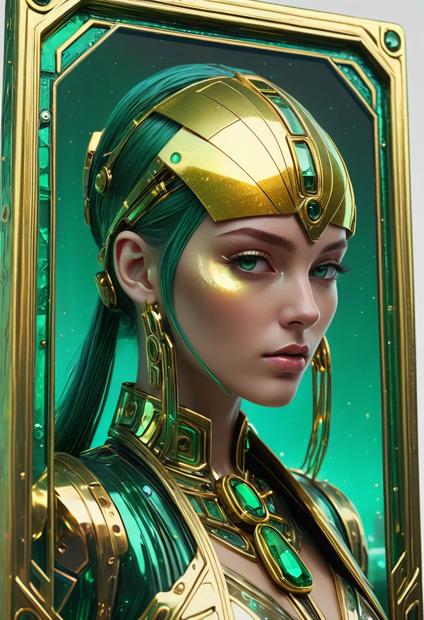 a close up of a colorful cyberpunk style tarot card frame. sharp edges and corners, no text, laced with cybernetic, metallic paint stroke, holographic, holographic metal, Iridescence mix colors of gold with emerald green reflections. (masterpiece, realistic, 3d, 8k), on a white background. no characters. empty center of frame. no bolts.