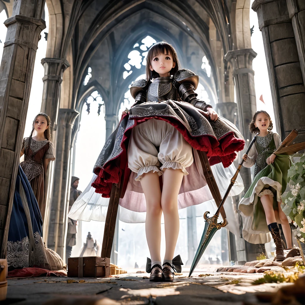 (  highly detailed CG octane rendering 8k wallpaper with a long spear ),  The World's Most Beautiful Artwork ,  with a flag attached to a long spear, Complex,  high detail, ８ year old girls, Silver embroidery,  medieval long cotton dress（With panniers）, Cotton fabric, Skirts lifted, Strong winds, Transparent slip, Translucent Tights , Peeking from below, Best Quality, Disarray of clothing,  lies down, underwear,  show off your thighs, Knight , Skirt lining, Bloomers、Leather Armor、Full body shot seen from below 
