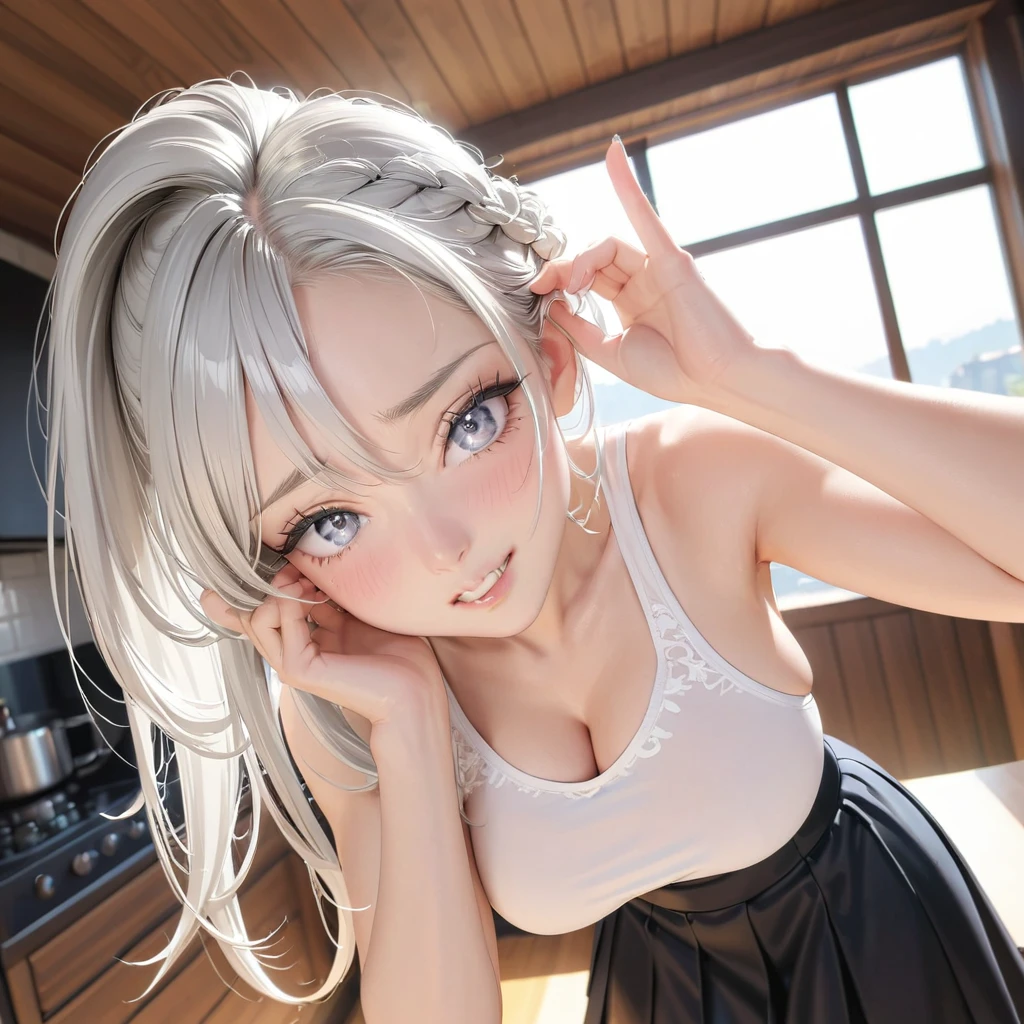 1 Japanese cute girl with silvery white hair in an intricate asymmetrical updo. The back of her hair is bunched high and short with the ends fanning out. The left side of her hair frames her face with long, loose strands, while the right side of her hair is loosely swept back over her ears and bunched together with the back hair, creating a slightly unbalanced but elegant look. A high, luxurious hair accessory on top adds a unique and fashionable touch to the hairstyle. Her hair catches the light and gives off a shiny, metallic shine.
BREAK (glossy silver eyes:1.5), (beautiful eyes, twinkle eyes, large eyes), (athlete body, large breasts), cute face, beautiful face, pretty face, beautiful, good anatomy, long eyelashes, expressive eyes, Perfect Hands, glossy lips, embarrassed, perfecteyes, white detail teeth,
BREAK 1girl, ((black skirt, white shirts:1.5), (pink botanical print apron wearing over the shirts and skirt), smile, happy, standing, peace sign,
BREAK 1girl, morning, daylight, sunshine, kitchen, scenery, 
BREAK (Exquisite, beautiful, Very detailed, masterpiece, super detail, best quality, highres), cute, beautiful, 16K, perfect lighting, ultra sharp outline, 