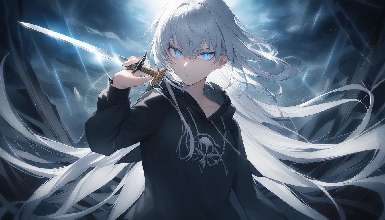   black hoodie　Short white hair　  blue eyes　18 years old　 Delicate hair  　Knife in one hand