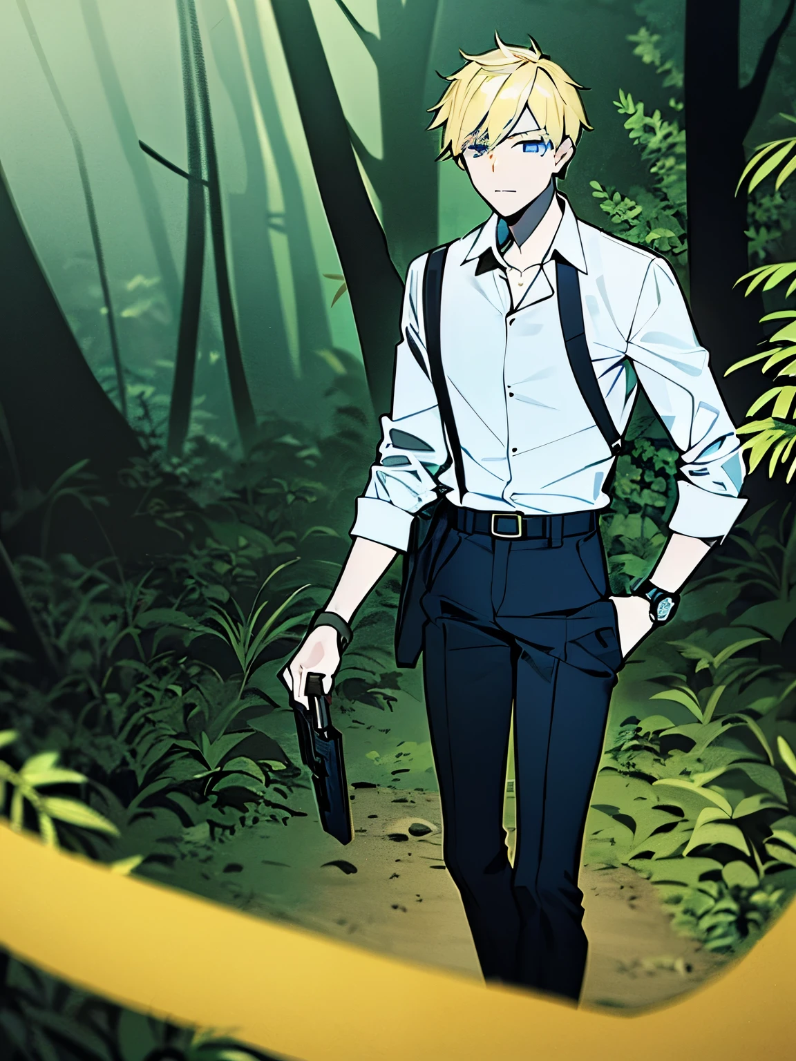  a young man of about  with short yellow hair,  blue eyes .  he has a watch on his left hand and black pants .  His shirt is a blue one with a brown print ,  on his waist he has the case of a machete . He has a joking expression . The character is in a dark forest , night.