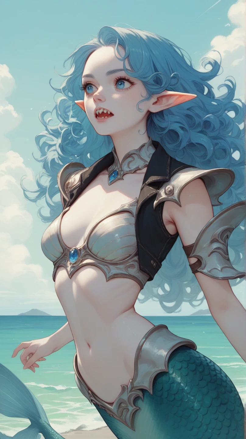 score_9, score_8_up, score_7_up, score_6_up, 1woman, ((white skin)), long hair, blue hair, curly hair, blue eyes, white blouse, black vest, bikini armor, mermaid, sharp teeth, elf ears, ocean