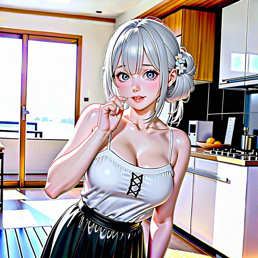 1 Japanese cute girl with silvery white hair in an intricate asymmetrical updo. The back of her hair is bunched high and short with the ends fanning out. The left side of her hair frames her face with long, loose strands, while the right side of her hair is loosely swept back over her ears and bunched together with the back hair, creating a slightly unbalanced but elegant look. A high, luxurious hair accessory on top adds a unique and fashionable touch to the hairstyle. Her hair catches the light and gives off a shiny, metallic shine.
BREAK (glossy silver eyes:1.5), (beautiful eyes, twinkle eyes, large eyes), (athlete body, large breasts), cute face, beautiful face, pretty face, beautiful, good anatomy, long eyelashes, expressive eyes, Perfect Hands, glossy lips, embarrassed, perfecteyes, white detail teeth,
BREAK 1girl, ((black skirt, white shirts:1.5), (pink botanical print apron wearing over the shirts and skirt), smile, happy, standing, peace sign,
BREAK 1girl, morning, daylight, sunshine, kitchen, scenery, 
BREAK (Exquisite, beautiful, Very detailed, masterpiece, super detail, best quality, highres), cute, beautiful, 16K, perfect lighting, ultra sharp outline, 