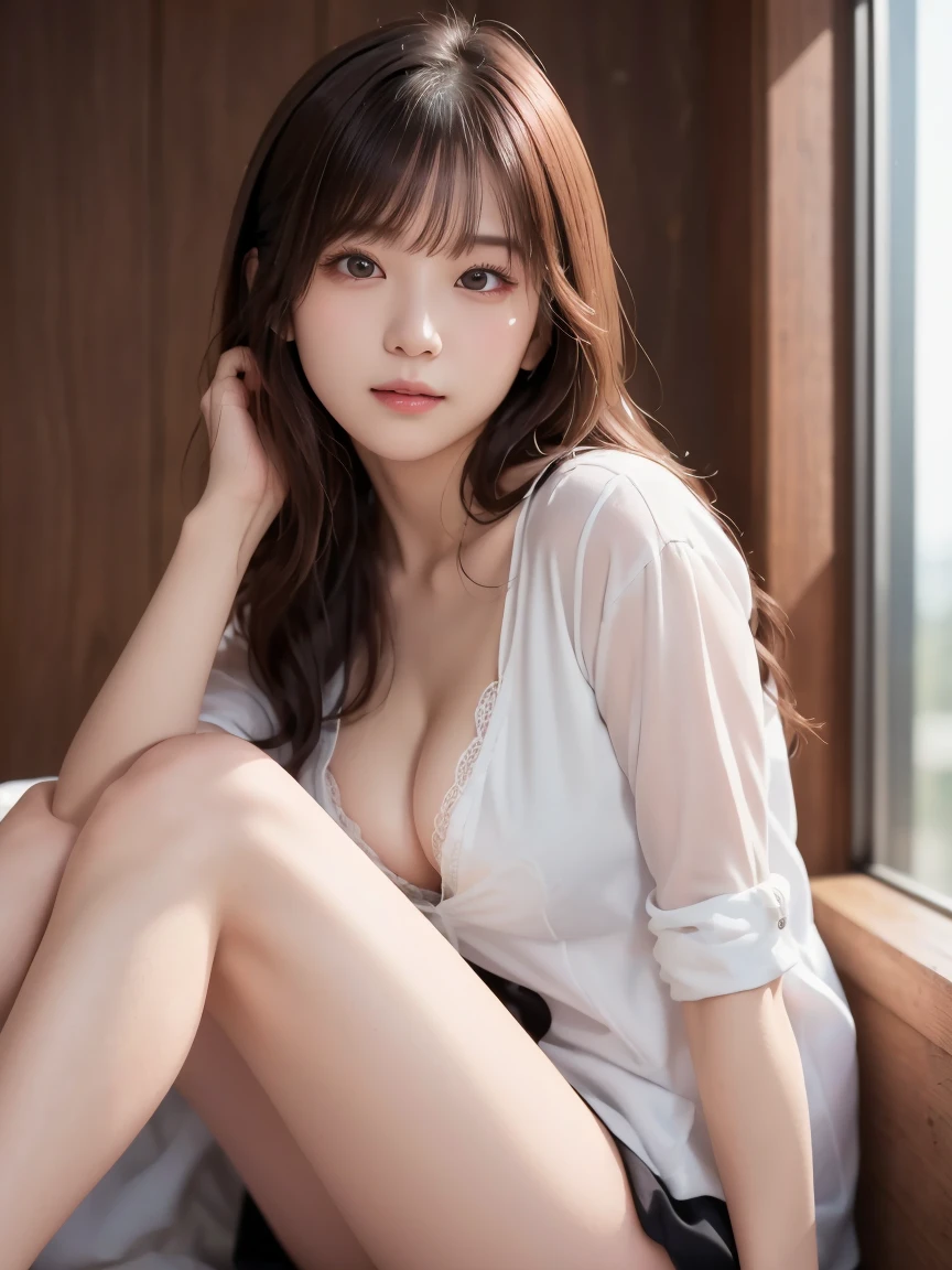  white shirt、 complex and beautiful eyes、woman、 (womanらしい黒髪 : 1.5)、(Long and beautiful legs : 1.5), (Mysterious One Piece : 1.6), skirt、(Delicate and realistic hair、１Realistic hair)、bangs、 natural colored lips、(smile : 1.1)、((White Indoor))、((18歳woman:1.2))、 young and adorable Japanese face wrapping a rope around their legs,  official art， very detailedなCGユニティ8Kの壁紙，（masterpiece:1.0),(Best Quality:1.0), 超 high resolution on down,4K, very detailed, photo shoot, 8k,  NFFS,  high resolution on down,  Kodak Portrait 400 ,  film grain,  lens flare glow ,高いest quality,8k, NFFS:1.2),  Portrait Shot ,8k、 viewer, (((Front View))), (((Front View))), ((facing))、 body facing forward、Bold cleavage、 tight chest、 small face, Best Quality、 Super beautiful images、stand up