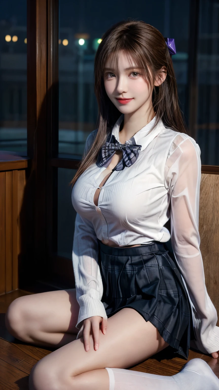 ultra highres,(reality: 1.4),highest quality, masterpiece, high detail, 16K quality, beautiful, 1 beautiful girl,japanese,super beautiful face,baby face,japanese idol face,cute face,super detailed face,detailed hand,beautiful skin,sweaty skin,big eyes,smile,profeccional lighting,pony tail, black hair,brown beautiful eyes, white shirt,open shirt,bare breasts,checked skirt,bottom less,(skirt lift),sittinng with knee up,(((show off pussy))),detailed pussy,(spread legs),medium breasts,black high socks,she is looking at the camera,skyscraper looftop,blue sky,nsfw,from below,