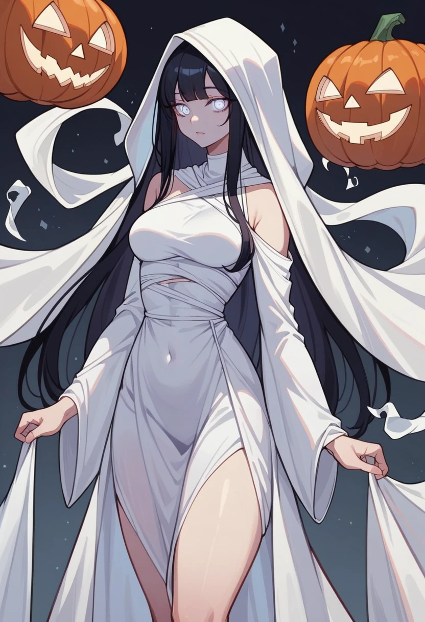 1 girl, ghost cloth, thighs. Anime, beautiful. araffe wearing a white dress, ghost girl, she is facing the camera, ghost cloth, skirt, black hair, wearing a white silk hood, halloween style, beautiful squinting eyes, standing, beautiful figure, long hair 