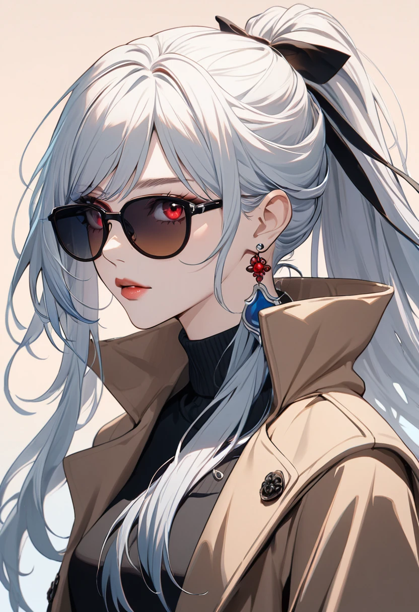 1girl, high ponytail, black hair, sunglasses, brown coat, dark turtleneck, small earrings, baggy jeans, plain background, 8k, highres, hyperdetailed, dramatic lighting, cinematic, elegant, beautiful detailed eyes, beautiful detailed lips, extremely detailed face, long eyelashes, fashion portrait, ft colors, pastel colors, warm tones, full body shot, jingliu,1girl,white hair,long hair,ponytail,hair ribbon,red eyes, earrings, jewelry, whole body, mature female
