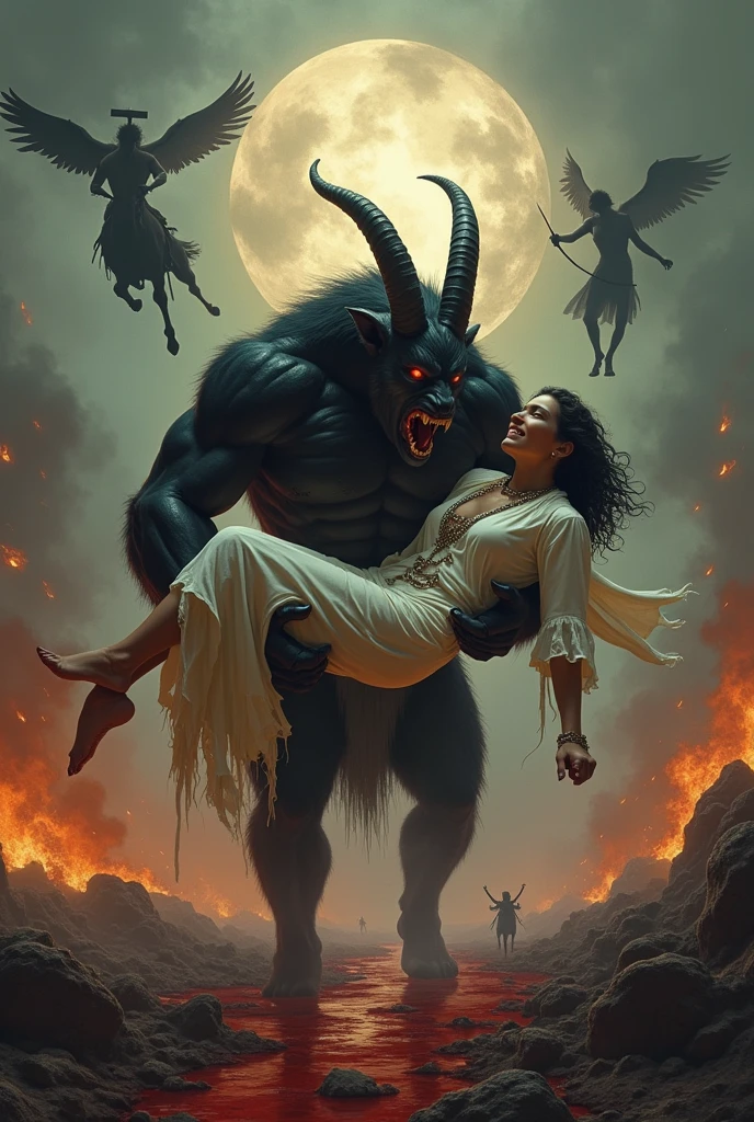 We need an image in which a devil is holding a girl with both his hands and fire is burning all around.