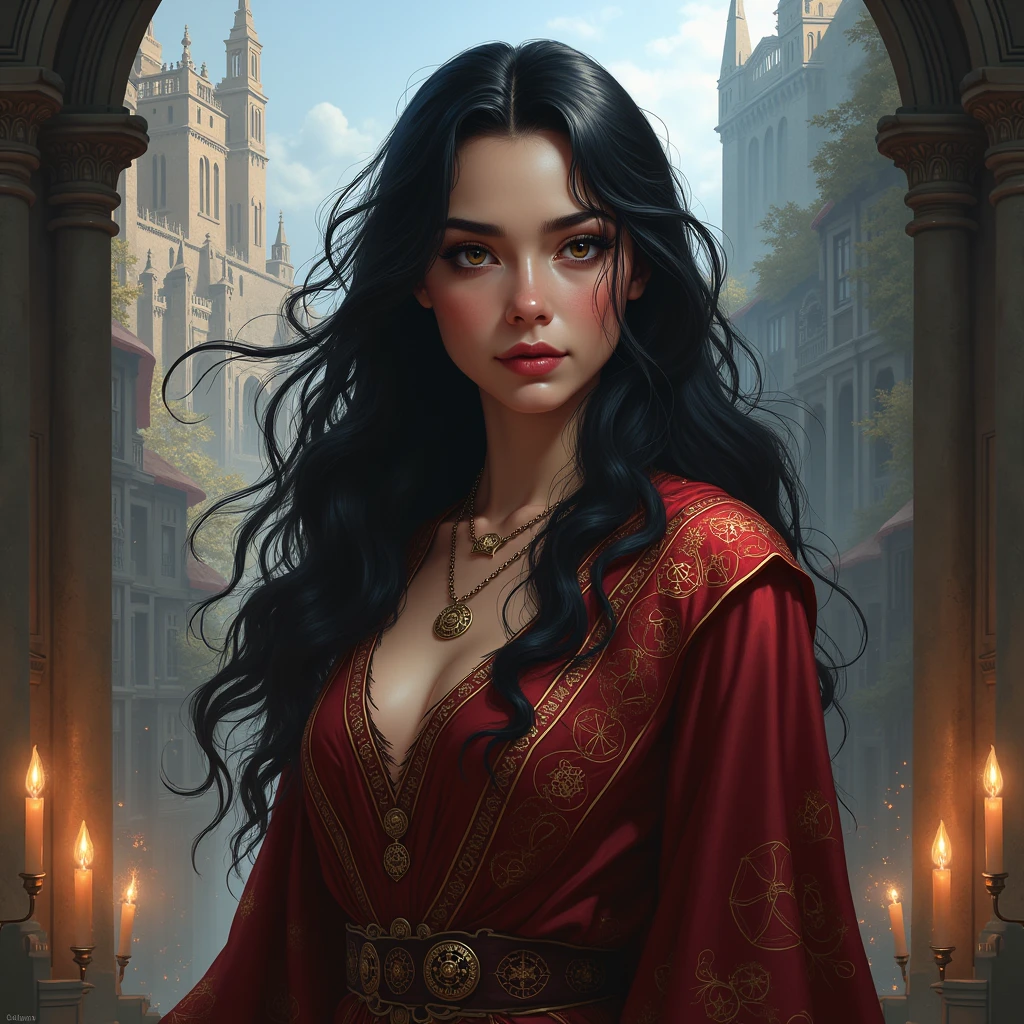 Create an [Comic book Luis Royo art style] with [detailed linework], [dynamic shading], and [rich colors]. The young black haired girl have [full body], [expressive facial features] and [fluid body movements], with close attention paid to [her red dress] and [althar of an evil temple background]. [dark atmosphere] of the image, windy and with small fires everywhere. Create an [ultra-realistic], [high-resolution] image of [weeping] [young woman], a beautiful [Widow]. She has [heart-shaped] face. Her face is [delicately proportioned], with a [small nose] and [high cheekbones]. Her lips are full.  Exposed neck, [shinny black straight medium hair styled] medium hair, greek hair style. Her [blue eyes] with [black eyeliashes and brown], with long, full eyelashes that add to her feminine charm.  She wears a medieval red dress with pants] (fabric with intricate pattern:1.2), that accentuates her [slim petite body]. Fairy, absurdres. The image should showcase [visible skin pores] that add to the realism. Her [imperfect, uneven, and irregular skin] should be depicted with [specular reflection], [subsurface scattering], and [diffuse reflection], capturing the [fair skin tone] The image should be captured in [natural light], with [soft shadows] that highlight her. The colors should be [RAW] and [vibrant], showcasing the [tragic] elements of the character, while remaining grounded in a sense of [realism]. Aim for a [photorealistic] portrayal that captures the [essence] of her character, from her [fierce demeanor] to her [captivating beauty]. The image should have [intricate details], capturing every nuance of her form. The overall mood of the image should be [victorian], [ghotic] with a sense of [melancholy] and [loneliness], princess Lili from the movie Legend