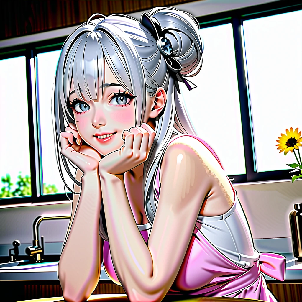 1 Japanese cute girl with silvery white hair in an intricate asymmetrical updo. The back of her hair is bunched high and short with the ends fanning out. The left side of her hair frames her face with long, loose strands, while the right side of her hair is loosely swept back over her ears and bunched together with the back hair, creating a slightly unbalanced but elegant look. A high, luxurious hair accessory on top adds a unique and fashionable touch to the hairstyle. Her hair catches the light and gives off a shiny, metallic shine.
BREAK full body, (glossy silver eyes:1.5), (beautiful eyes, twinkle eyes, ), (athlete body, large breasts), cute face, beautiful face, pretty face, beautiful, good anatomy, long eyelashes, expressive eyes, Perfect Hands, glossy lips, embarrassed, perfecteyes, white detail teeth,
BREAK 1girl, ((black skirt, white shirts:1.5), (pink botanical print apron wearing over the shirts and skirt), smile, happy, standing, peace sign,
BREAK 1girl, morning, daylight, sunshine, kitchen, scenery, 
BREAK (Exquisite, beautiful, Very detailed, masterpiece, super detail, best quality, highres), cute, beautiful, 16K, perfect lighting, ultra sharp outline, 