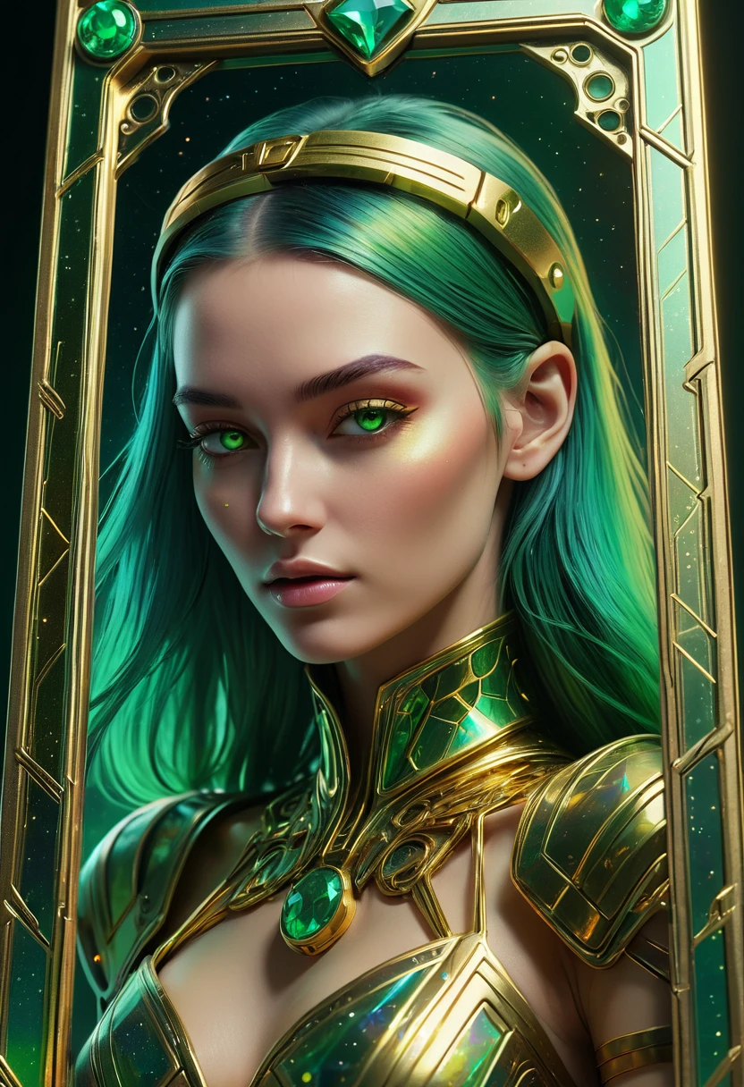 a close up of a colorful cyberpunk style tarot card frame. sharp edges and corners, no text, laced with cybernetic, metallic paint stroke, holographic, holographic metal, Iridescence mix colors of gold with emerald green reflections. (masterpiece, realistic, 3d, 8k), on a white background. no characters. empty center of frame. no bolts.