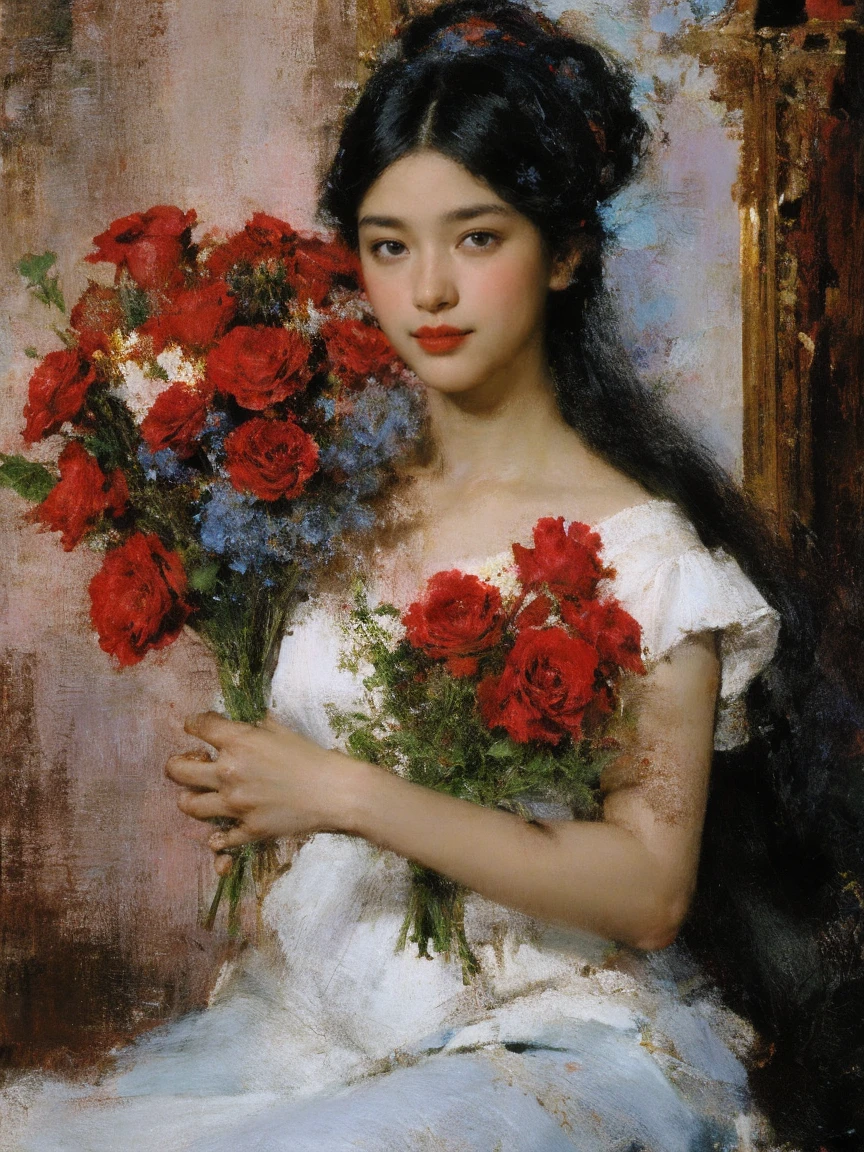 portrait,1 girl,12 year old naked girl,alone,white dress,Holding a bouquet of flowers,very long hair,blue flower,black hair,red rose,gradient background, dark background, oil,nude