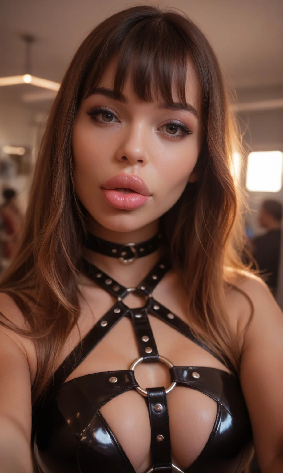 score_9, score_8_up, score_7_up, score_6_up, photo, realism, photorealistic, rare angle selfie, bimbo, big lips, huge lips, ash hair, long hair, straight bangs, square bangs, makeup, harness, posing, sex shop, (rubber dildos around), depth of field, bokeh