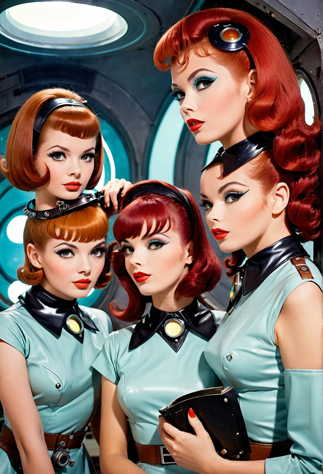 Retro futuristic, ((retro futurism)), 3 girls, crimson hair, leather collars, ((Science fiction)), 1950s, (((1960s))), revealing sci fi uniform, explicit pornographic pose