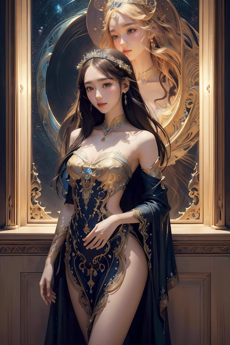 a solo beautiful princess, elegant, detailed, pretty, (rubenesque), (romanesque background), (night sky), elegant detailed dress, (art by dgtlv2 and henry asencio and zeen chin and josephine wall and edwin deakin), (masterpiece), (good anatomy),