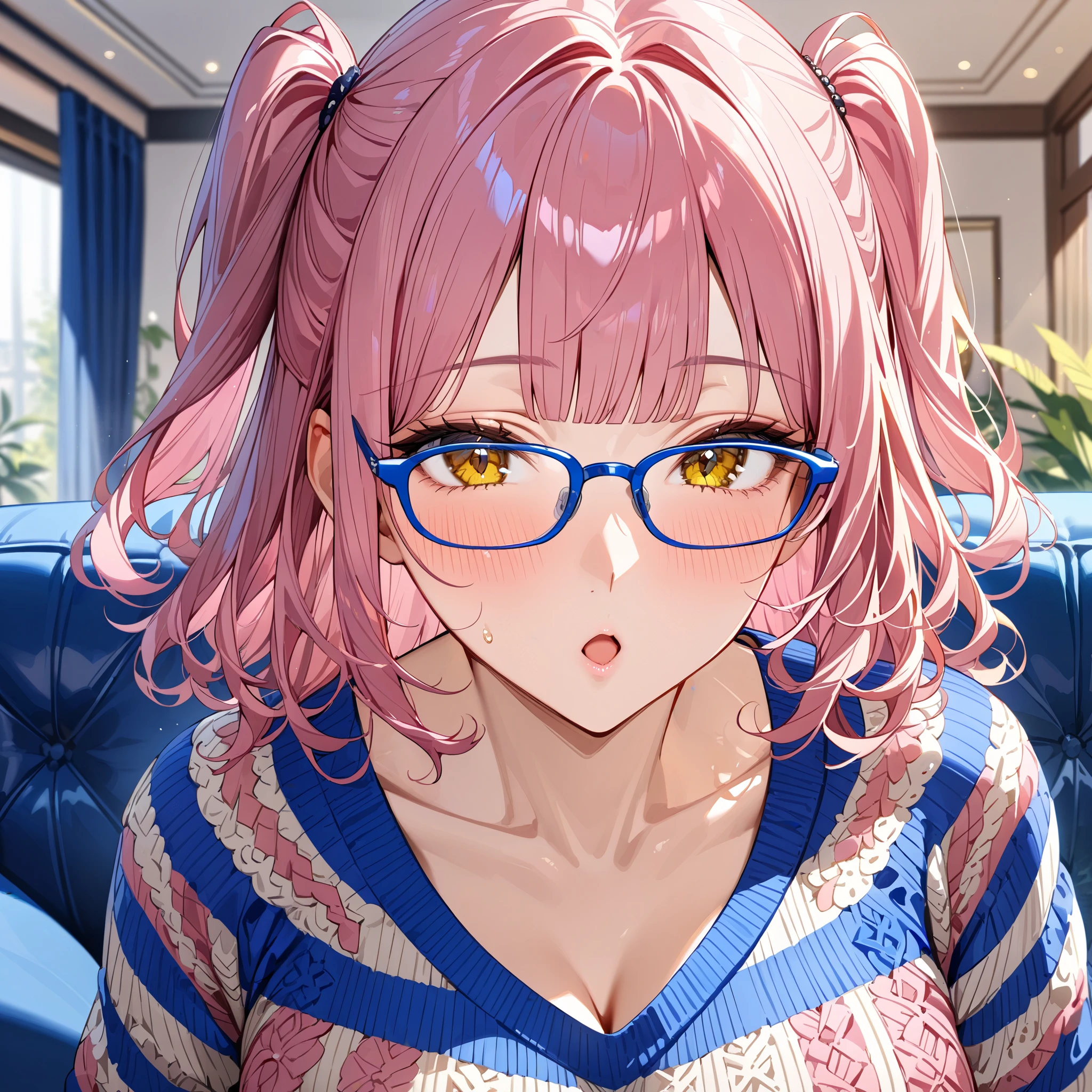 close up mouth, (blue-frame eyewear:1.3), blush, Beautiful mature woman, yellow eyes, pink hair, blunt bangs, medium short hair, wavy hair, (two side up:1.2), stripe sweater, large chest, upper body, living, couch, masterpiece, best quality, ultra detailed, intricate detailed, highly detailed skin