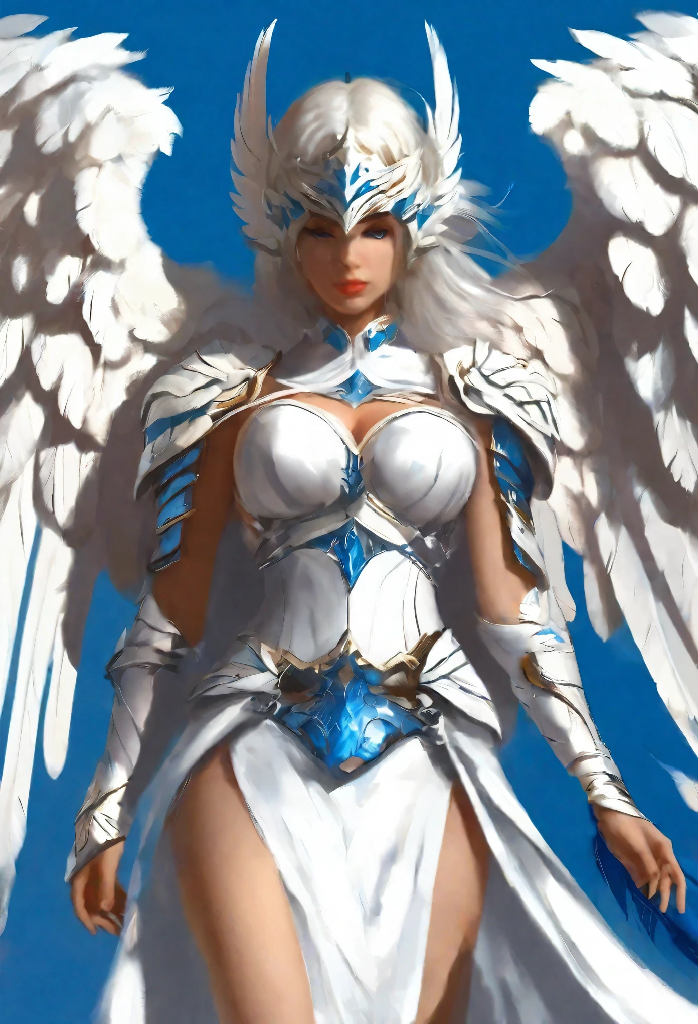 1 female angel，White cape showing at waist_wings armor feathers_Long wing feathers_Hair Shoulders Armor Shoulders_Single piece of armor_Upper wing separation_The body is white_Theme blue_Wings Wings