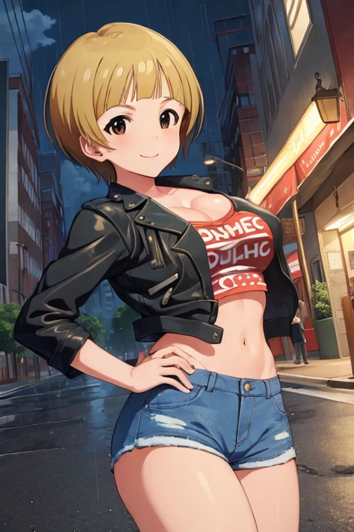 (masterpiece, Best Quality:1.4), Noriko Fukuda,  big breasts at the temple,  short hair, shirt, smile, leather jacket,short shorts,rainy night in the city ,